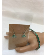 Silver Tone &quot;IRISH&quot; Green Enamel Earrings &amp; Green Rhinestone Expandable ... - $10.88