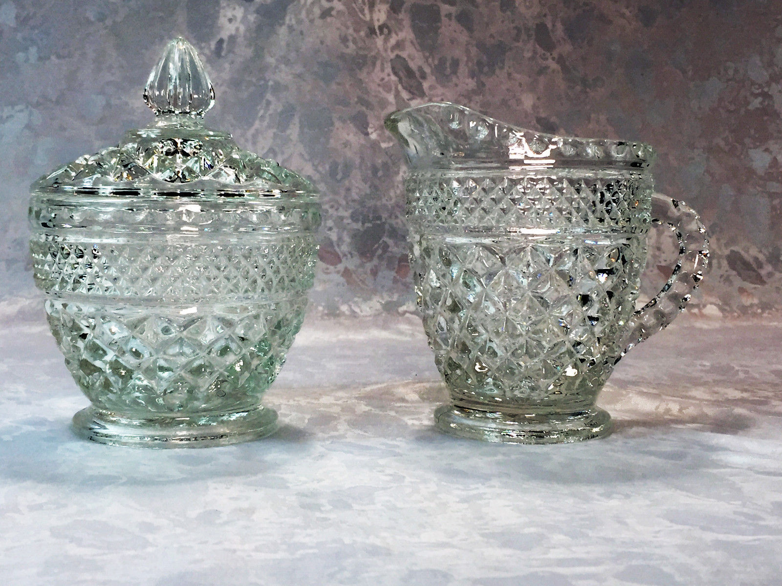 Vintage Anchor Hocking Wexford Pattern Pressed Glass Creamer And Sugar Bowl Set Wexford