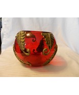 Round Red Crystal Bowl With Gold Leaves from Fifth Avenue Crystal 4.5&quot; Tall - $111.38