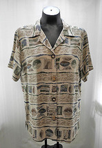 Vintage Teddi Beige Print Short Sleeve Shirt Faux Bone Buttons - Women&#39;s 12 - $8.50