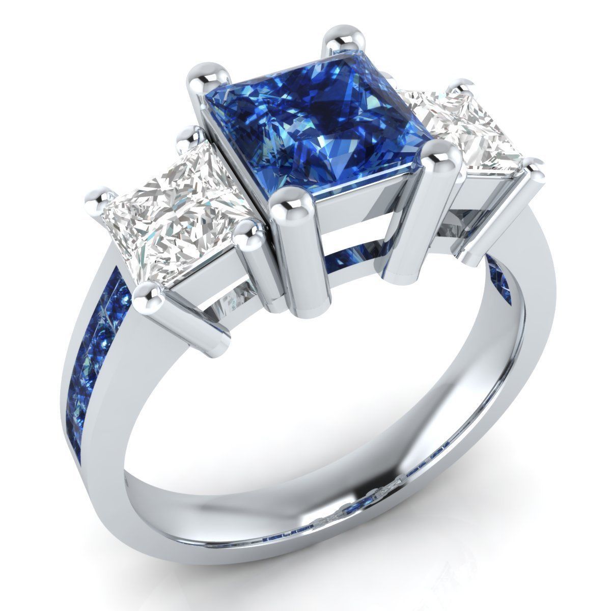 2.74ct Princess Cut Blue & White Sapphire Sterling Engagement Ring