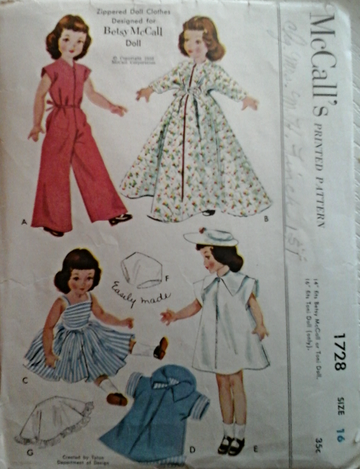McCall's 1728 Vintage Doll Clothes for 16" Betsy McCall Doll Copyright 1952 Sewing Patterns