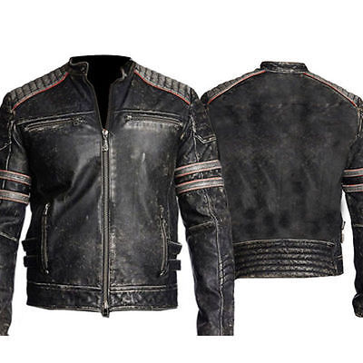 Men Biker Vintage Motorcycle Distressed Moto Black Retro Leather Jacket - FP