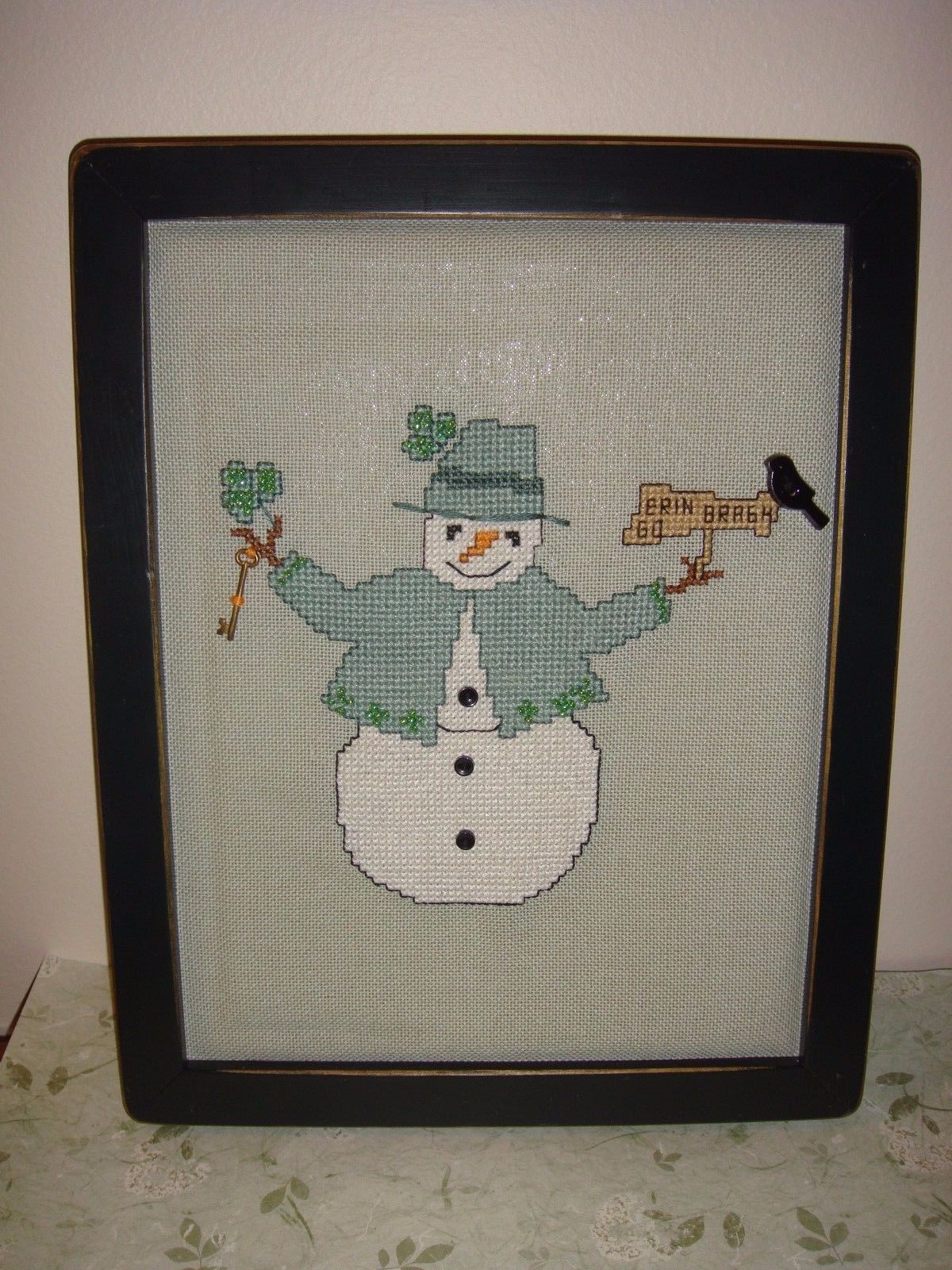 Framed Leprechaun Thimb~Elena March Snowman Handmade Cross Stitch Project - $30.99