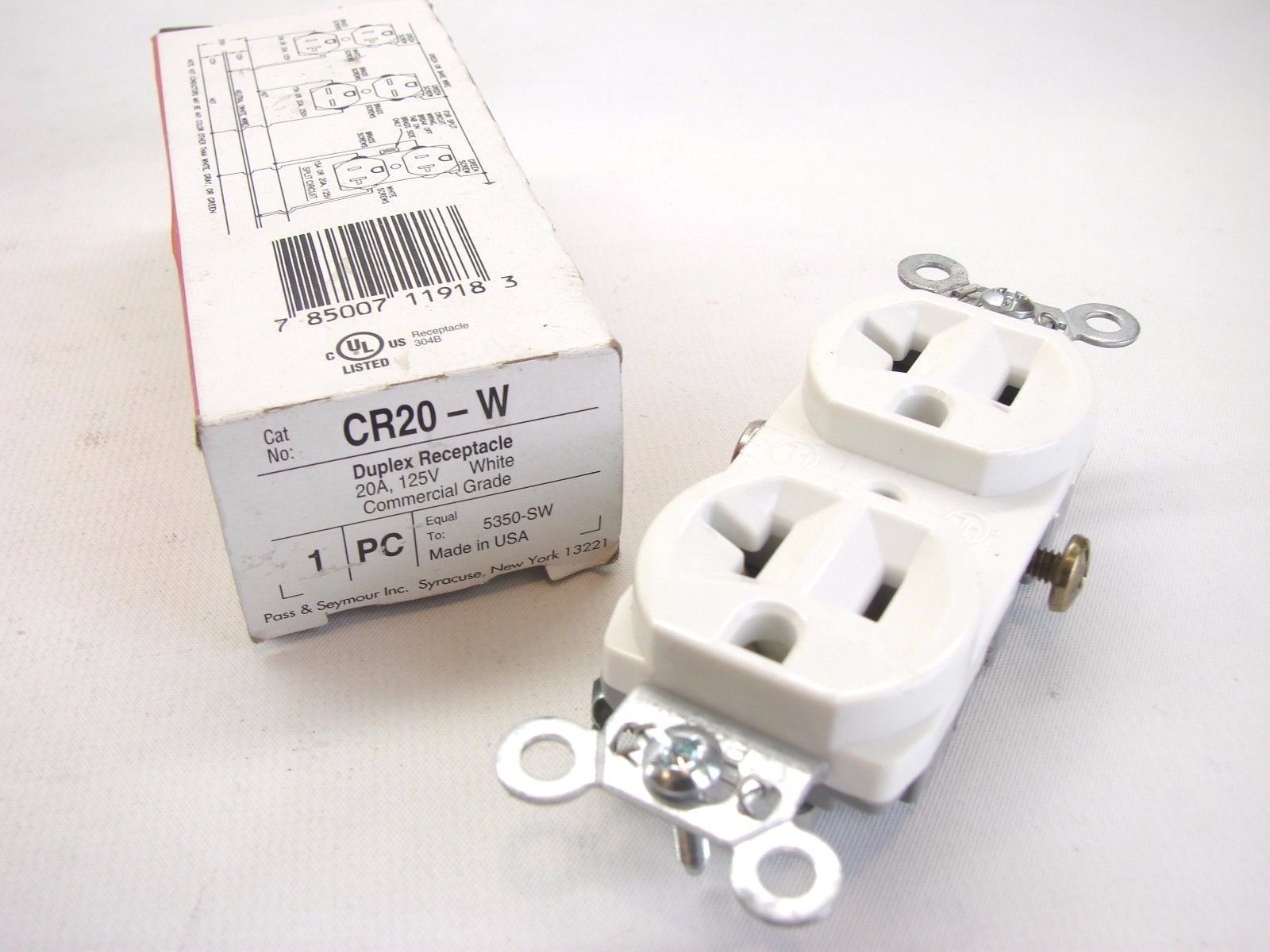 PASS /& SEYMOUR OUTLET RECEPTACLE 125V 20A COMMERCIAL WHITE DUPLEX TAMPER