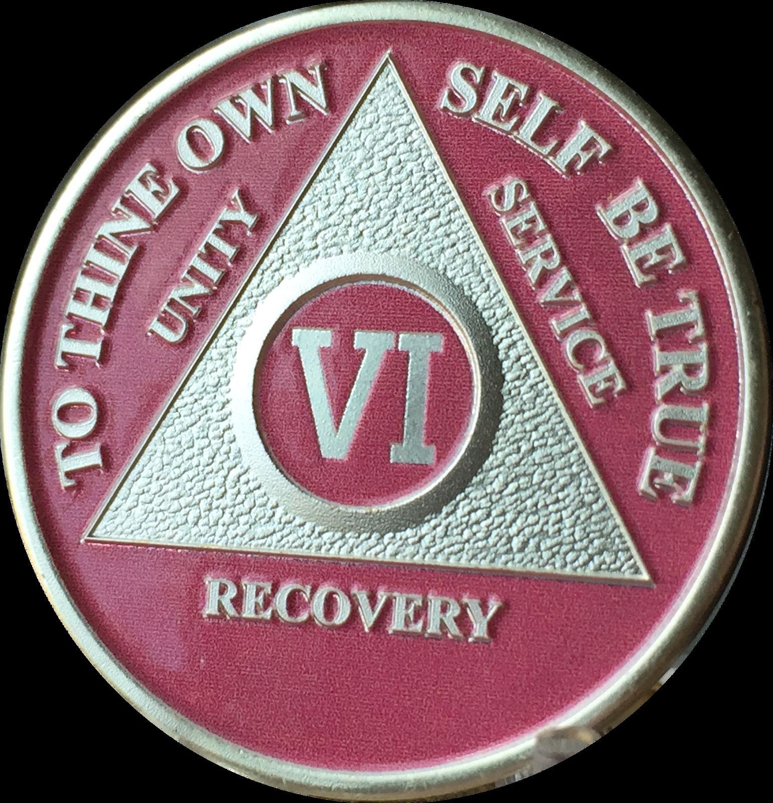 6 Year Pink Silver Plated AA Medallion Alcoholics Anonymous Sobriety Chip Coin