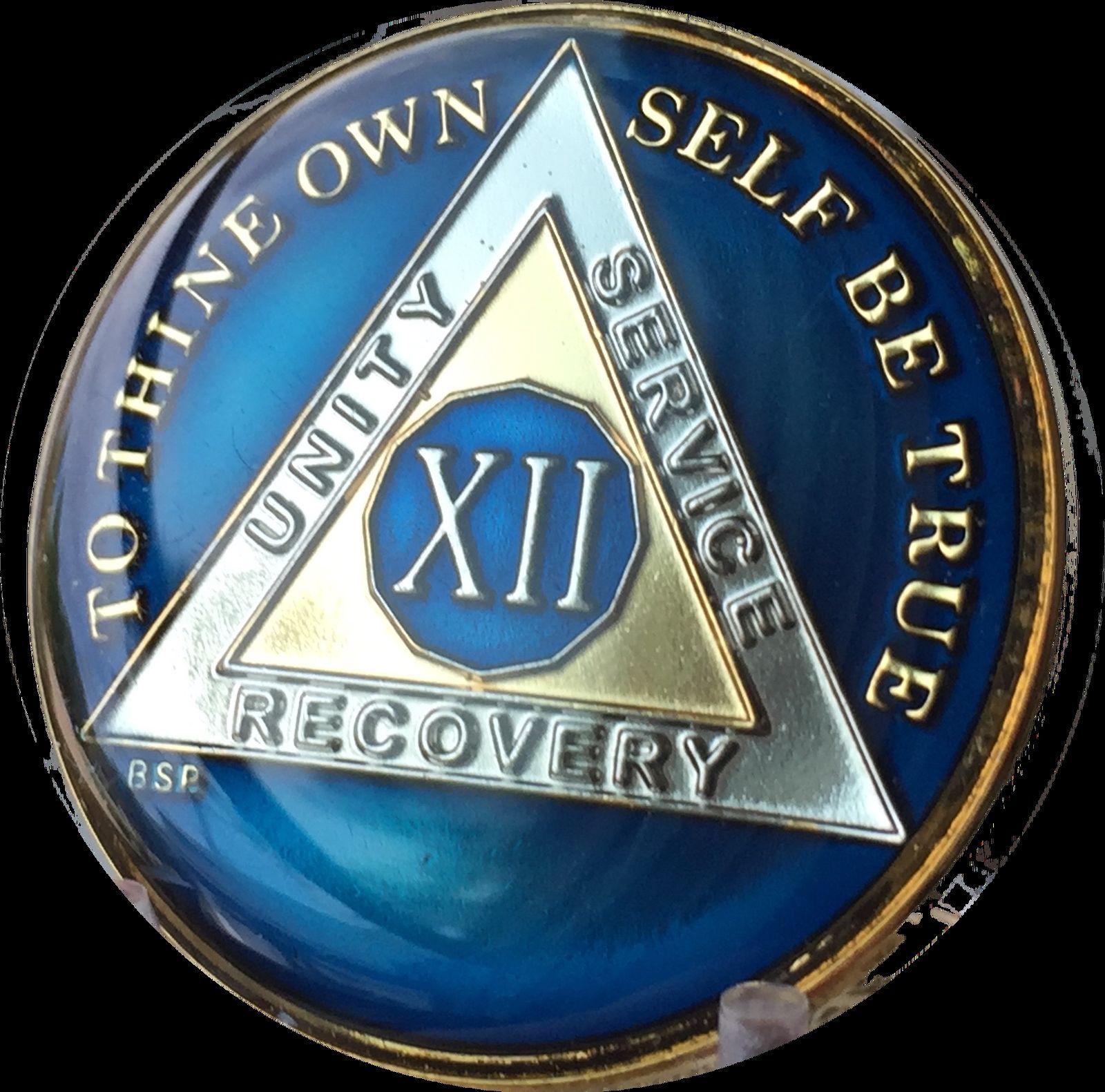 12 Year Midnight Blue AA Medallion Alcoholics Anonymous Chip Gold Tri-Plate XII