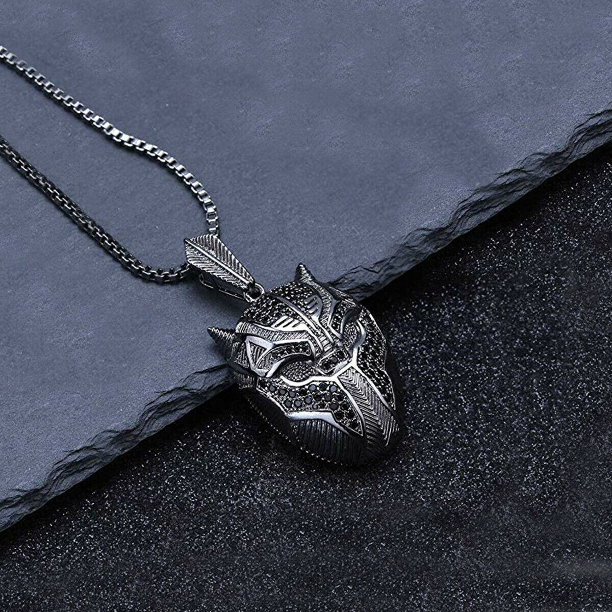 Mens Black Stainless Steel Lion Head Pendant Necklace with Silver Tone Chain 22