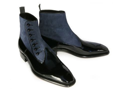 Handmade Men’s Black & Grey Color Suede & Leather Boots, Button Top Ankle High