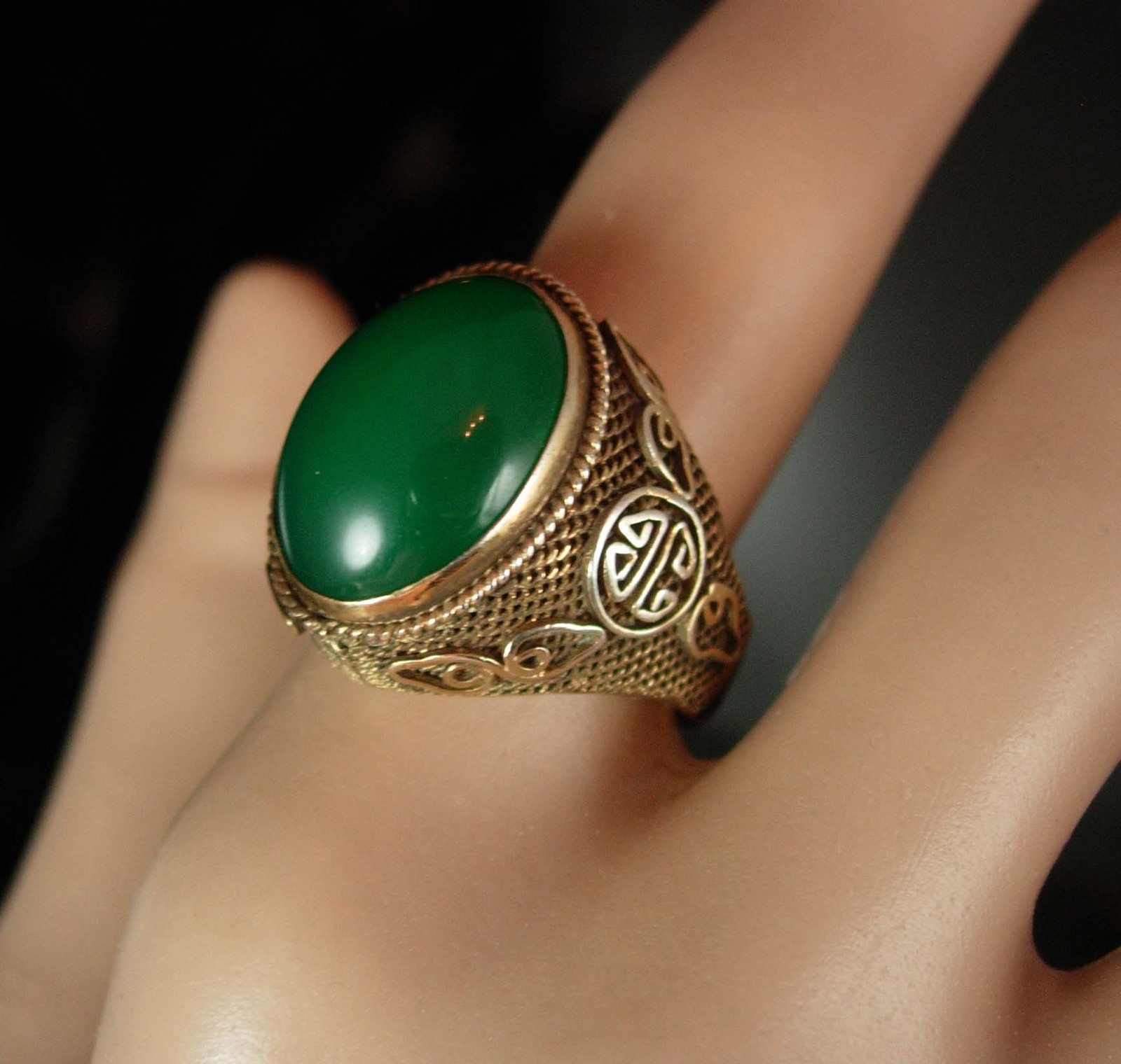 Huge Vintage Jade ring Chinese export gold silver filigree with healing