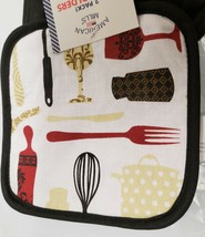 2 Fabric Printed Pot Holders, (7&quot; x 7&quot;) BAKING TOOLS, with black back by AM - $7.91