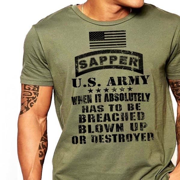 US Army Combat Engineer TShirt Sapper Essayons Combat Badge Men Cotton