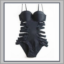  Stretchy Black Slit Sides Cut Out Underwire & Spaghetti Strap Monokini Swimsuit image 3