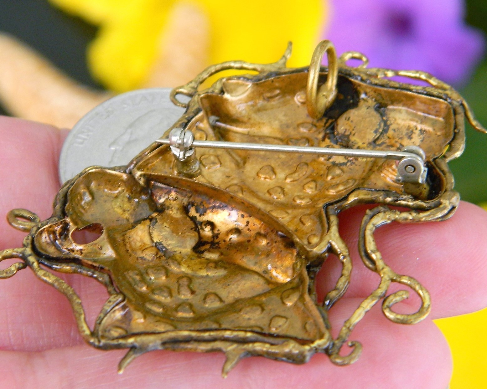 Vintage Two Leopard Jungle Cats Heads Brooch Pin Pendant Brass Figural