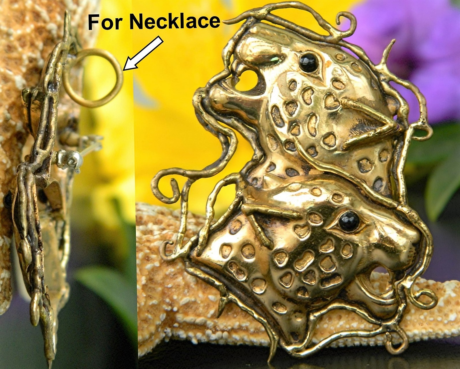 Vintage Two Leopard Jungle Cats Heads Brooch Pin Pendant Brass Figural