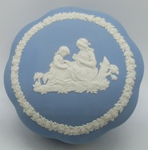 Vintage Wedgwood Jasperware White on Blue Ruffled Round Trinket Box - $19.80