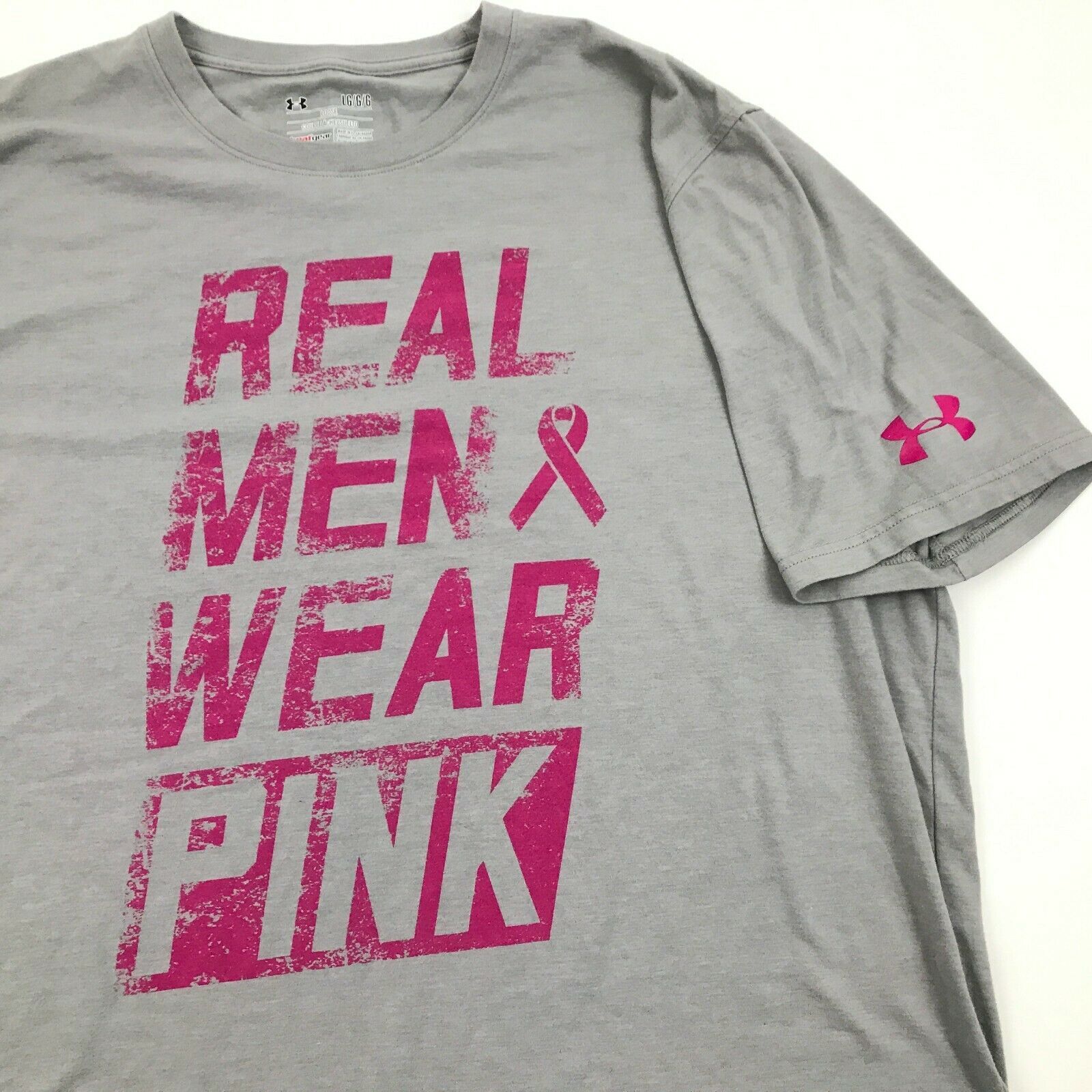 UA Under Armour Breast Cancer Support Shirt REAL MEN WEAR PINK Ribbon HeatGear L Men's Clothing