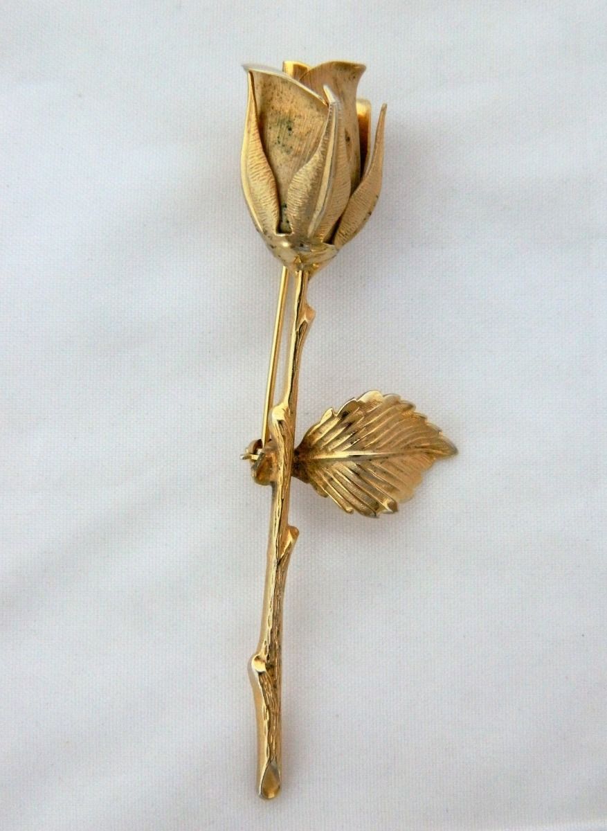 Vintage Single Stem Rose Flower Brooch Coat Pin Gold Tone 3” Free ...