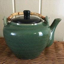 Vintage Oneida Teapot Mandalay Green Bamboo Handle Stoneware Ceramic Tea Coffee - $21.33