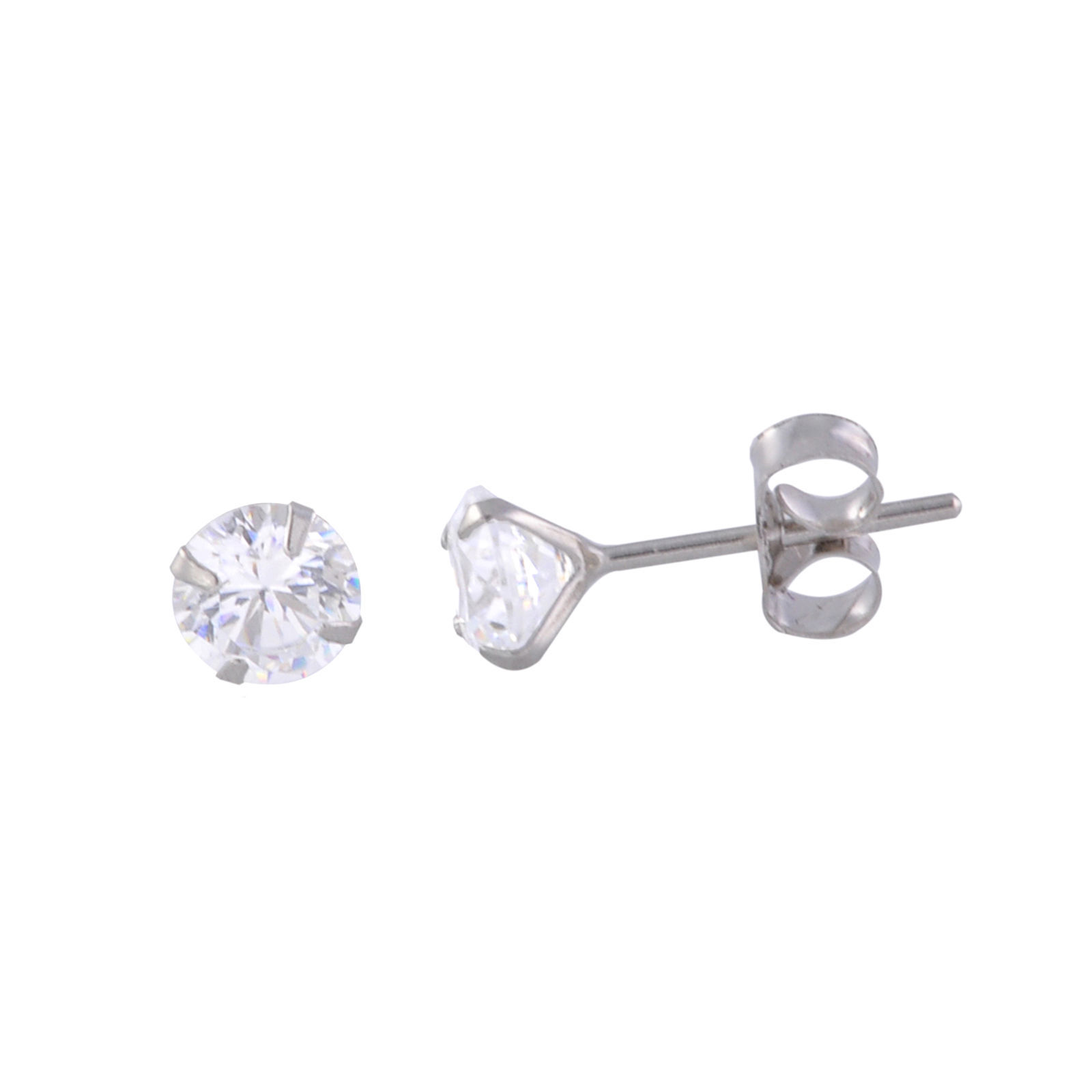 14k White Gold Stud Earrings Round Clear CZ Prong Setting Butterfly Pushbacks