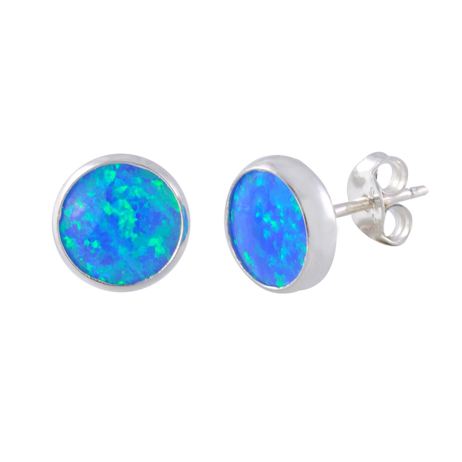 Sterling Silver Blue Green Opal Earring Studs 9mm Round - Earrings
