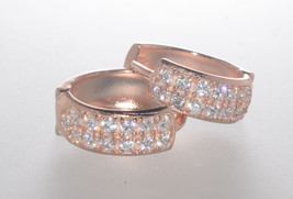 Sterling Silver Hoop Earrings Rose Gold Plated 2 Row Cubic Zirconia 13mm x 5mm - $15.99