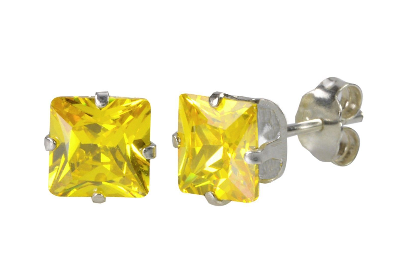 Citrine Square Cubic Zirconia Stud Earrings 925 Silver November Birthstone Prong