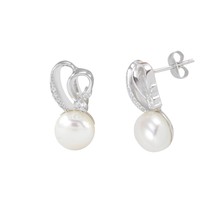 Sterling Silver White Freshwater Pearl Stud Earrings Abstract CZ Heart D... - $15.99