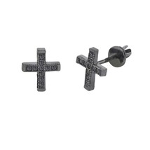 Mini Cross Screwback Earrings Sterling Silver Pave Black CZ Cubic Zircon... - $12.63