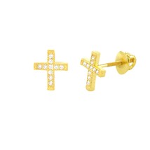 Mini Cross Screwback Earrings Yellow Gold Plated Pave CZ Cubic Zirconia 9mm - $12.63