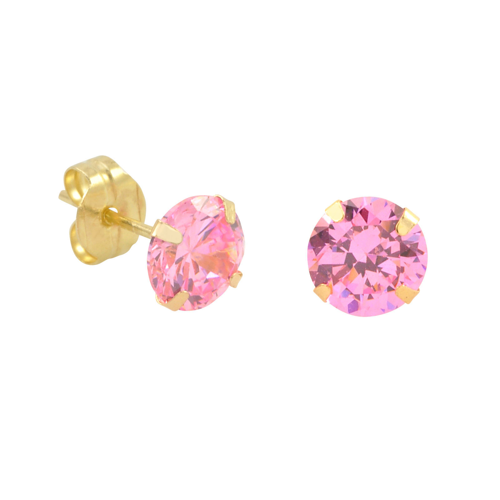 10k Yellow Gold Stud Earrings Pink CZ Cubic Zirconia Round Prong Set