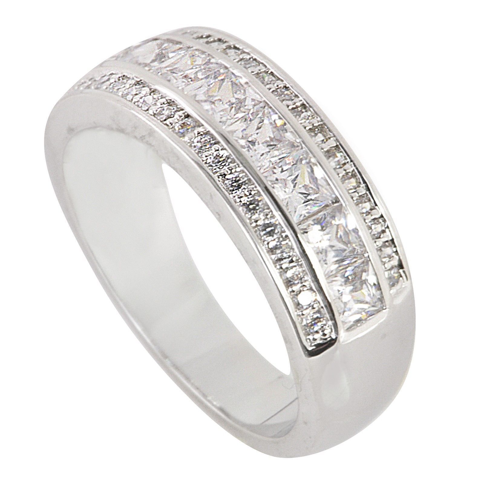 Womens Sterling Silver Ring Cubic Zirconia 3 Row Band Rhodium - 7mm
