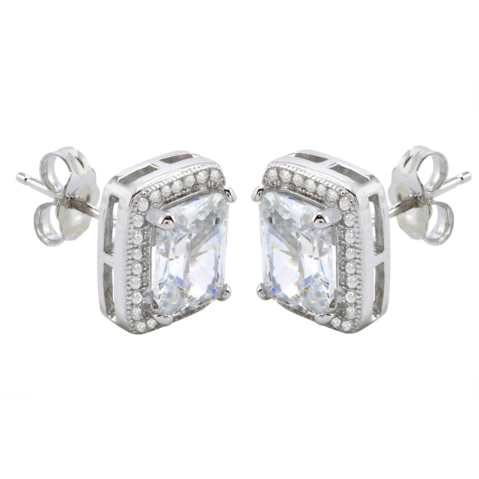 Sterling Silver Rectangle Halo Cubic Zirconia Stud Earrings Micropave ...