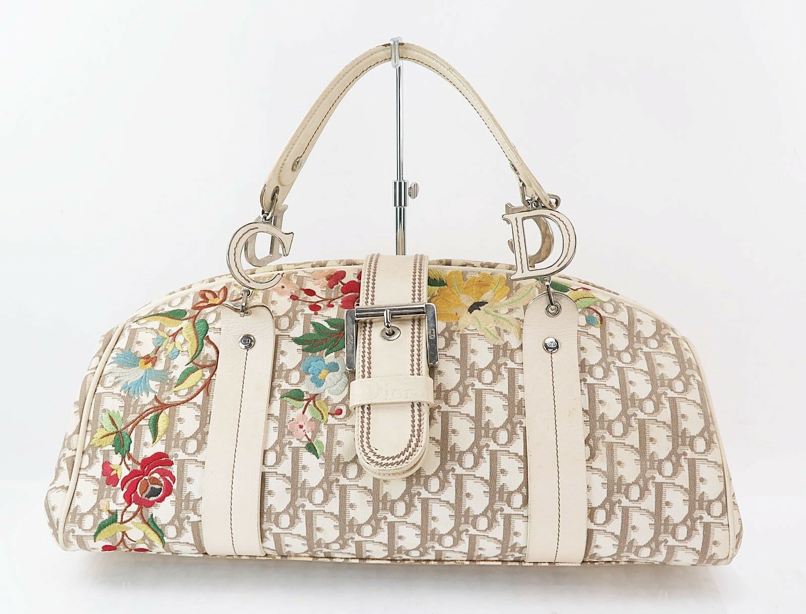 Auth CHRISTIAN DIOR Beige Trotter Canvas Embroidered Flowers Hand Bag #31059 - Women&#39;s Handbags ...