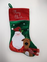 Santa Claus &amp; Reindeer Christmas Stocking green, red,silver Merry Christ... - $8.00