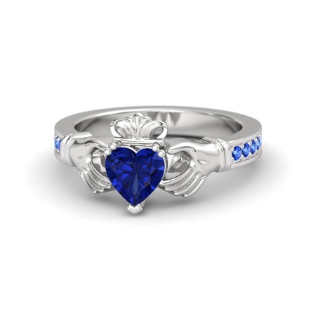 1.00 Ct Heart Cut Blue Sapphire .925 Silver 14k White Gold Plated Claddagh Ring