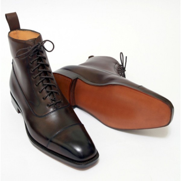 Men's High Ankle Dark Brown Burnished Cap Toe Genuine Leather Lace up Boots