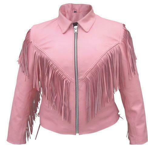 Pink Color Western Style Genuine Finished Cow Leather Fringed Handmade Jacket