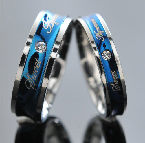 Blue and Silver Sweet Agreement Stainless Steel Couple Ring Set Promise Rings