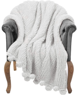 Sherpa Throw Blanket for Couch - 50x60, Ivory White with Pom Poms- Fuzzy... - £37.34 GBP