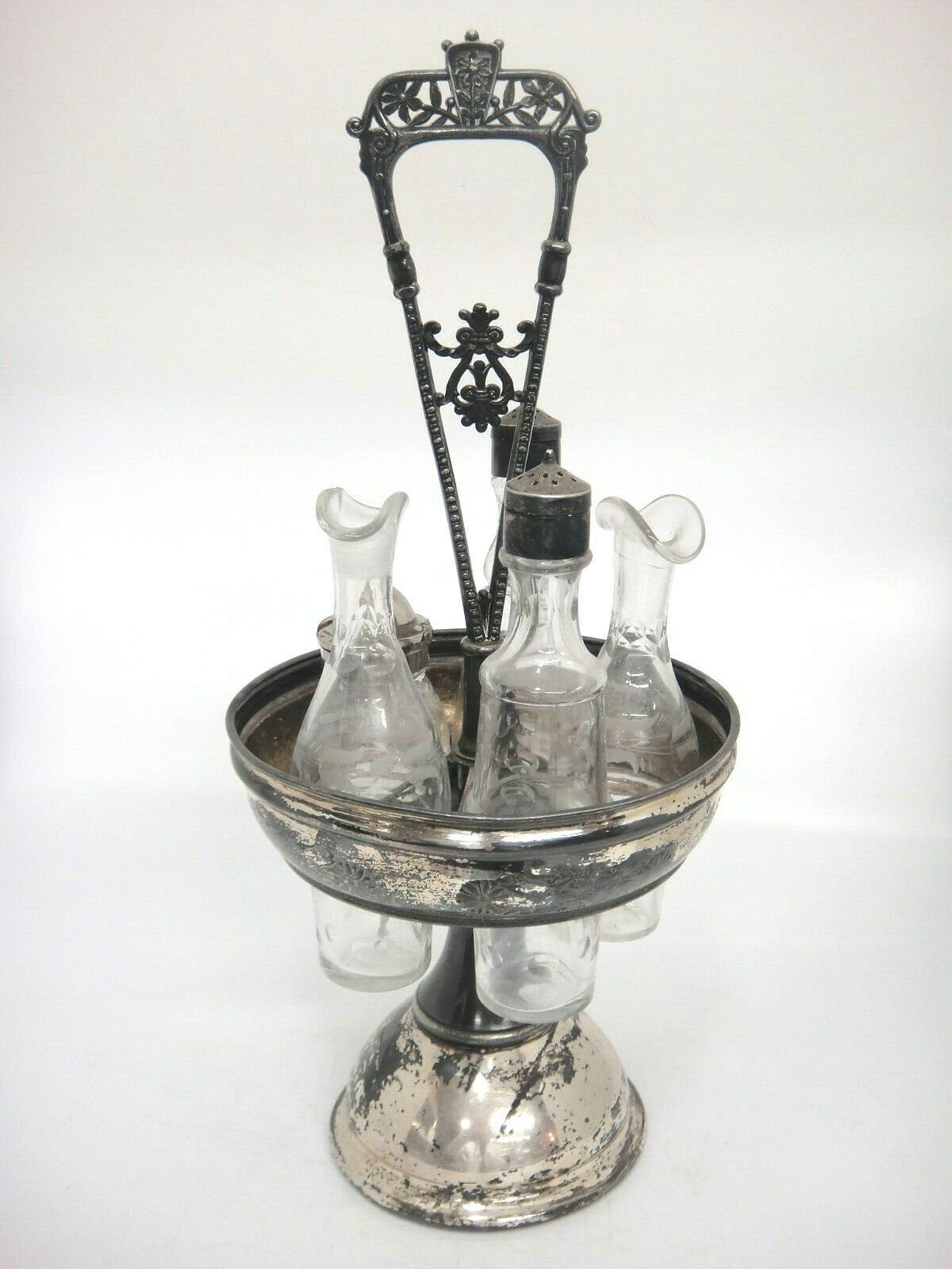 Primary image for Pairpoint Silverplate Cruet Condiment Set w 5 Mismatched Etched Glass Bottles