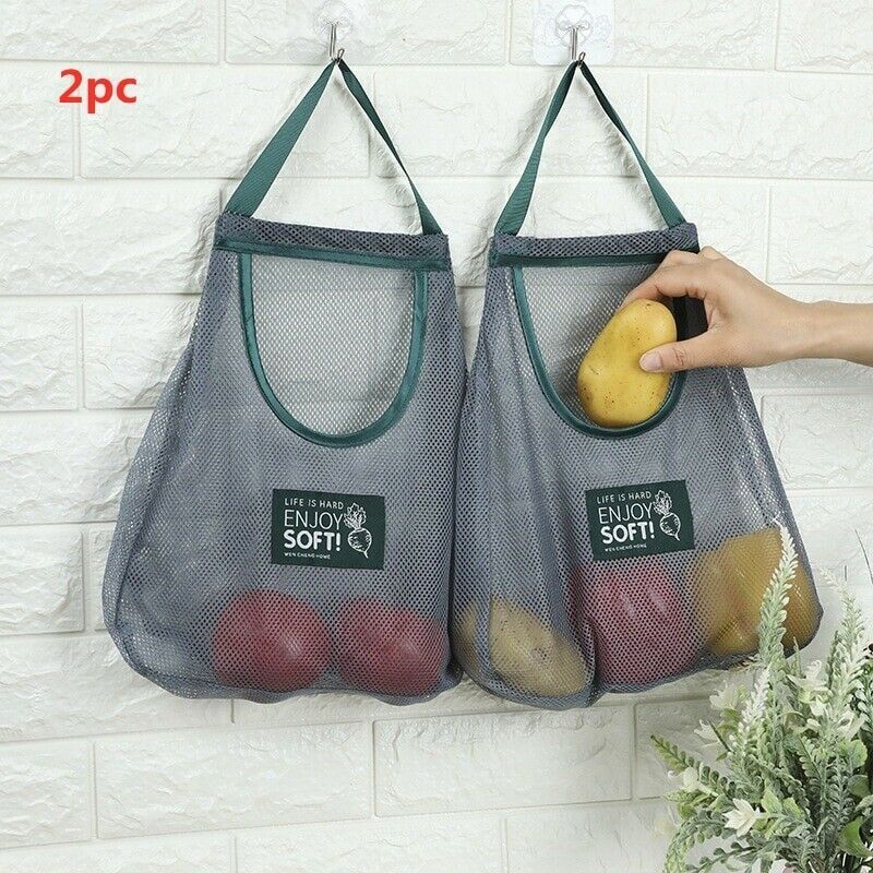 2Pcs Kitchen Reusable Vegetable Fruit Storage Mesh Bag Produce Hanging Groceries