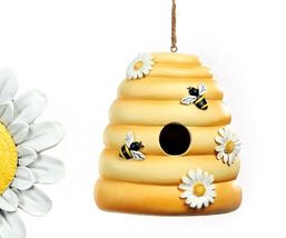 Beehive Daisy Bird House Hanging Poly Stone Yellow & White Garden Bee Bumblebee image 3