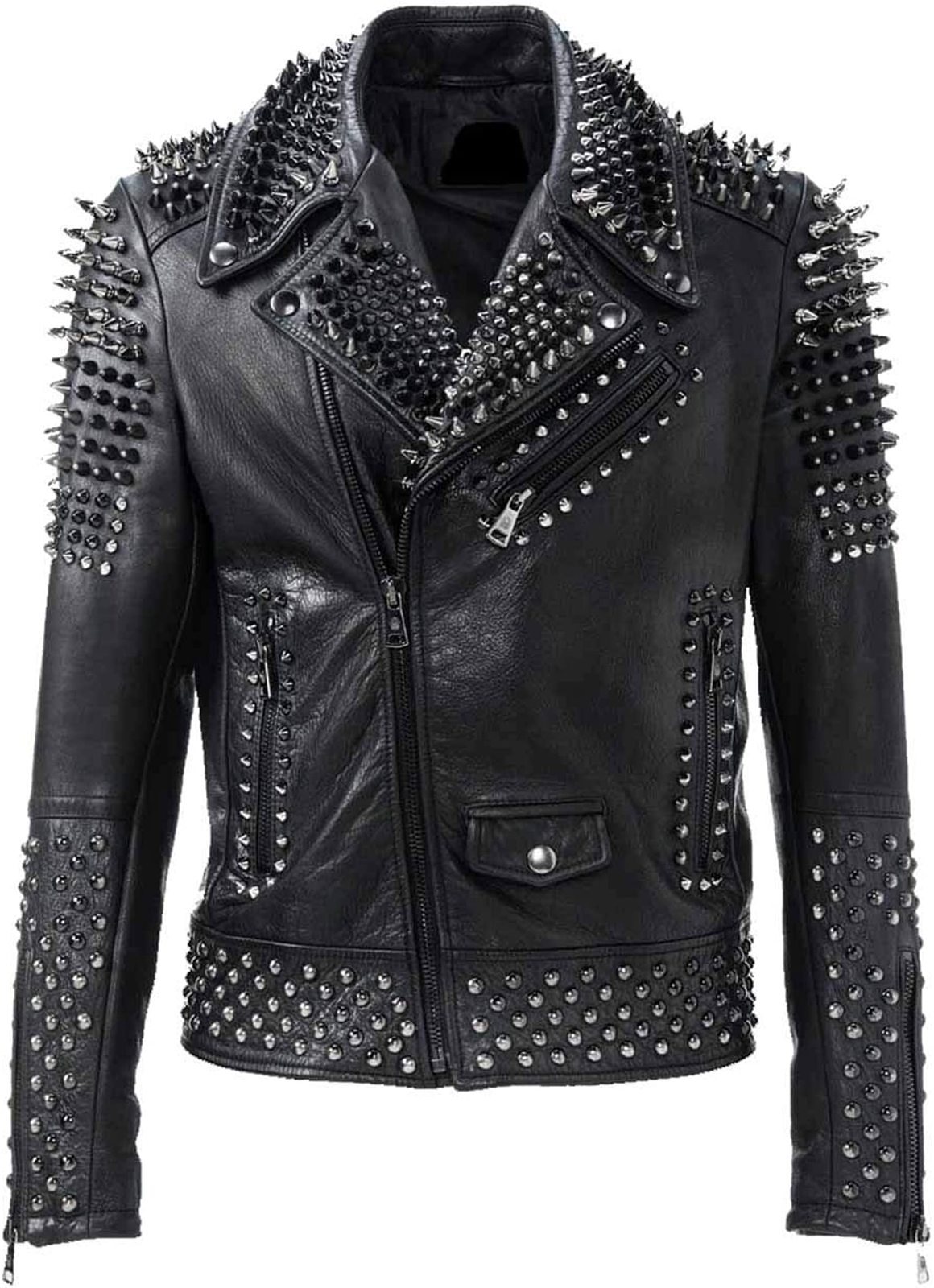 Mens Studded Spikes Rock Punk Brando Motorcycle Genuine Leather Black Jacket
