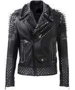 Mens Studded Spikes Rock Punk Brando Motorcycle Genuine Leather Black Jacket - $189.00