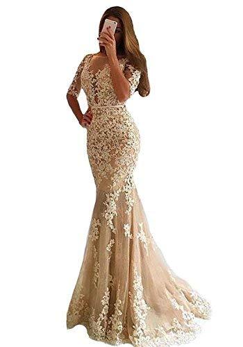 Mermaid Long Lace Half Sleeves Formal Prom Dresses Evening Gown Champagne US 4