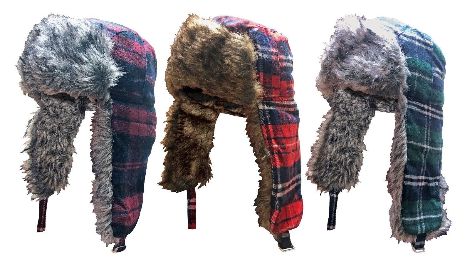 Mens Plaid Vintage Warm Winter Wool Blend Hunting Trapper Hat with Ear Flaps