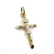 18K YELLOW WHITE GOLD ROUNDED JESUS TUBE CROSS PENDANT 1.18" MADE IN ITALY image 1