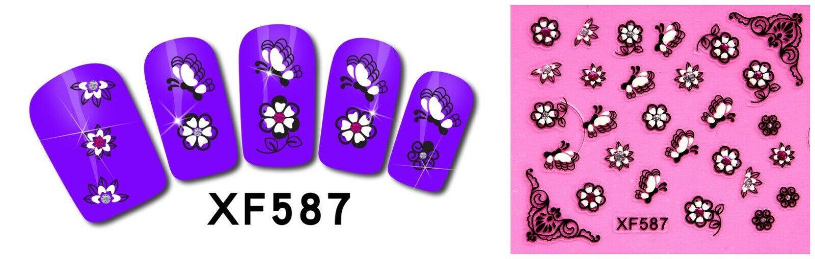 Nail Art 3D Decal Stickers Beautiful Butterflies Flowers Pink Rhinestones XF587