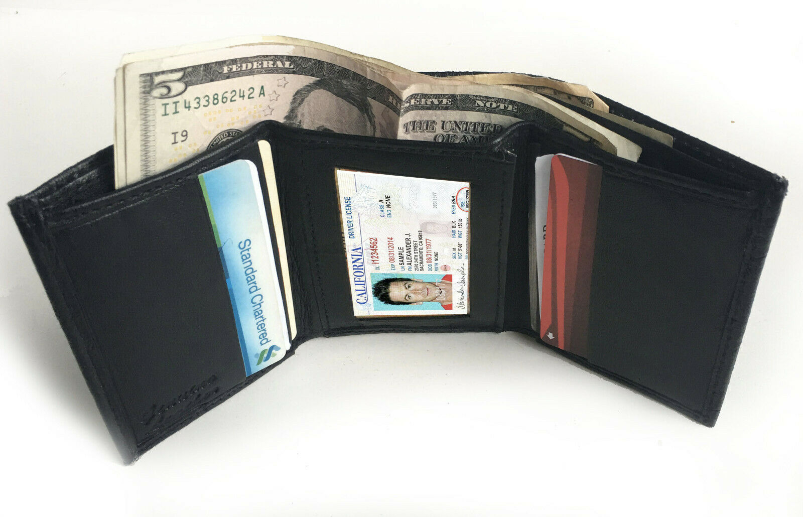 Black Leather Mens Trifold Wallet Croc Card ID Window Front Pocket USA Seller - Wallets